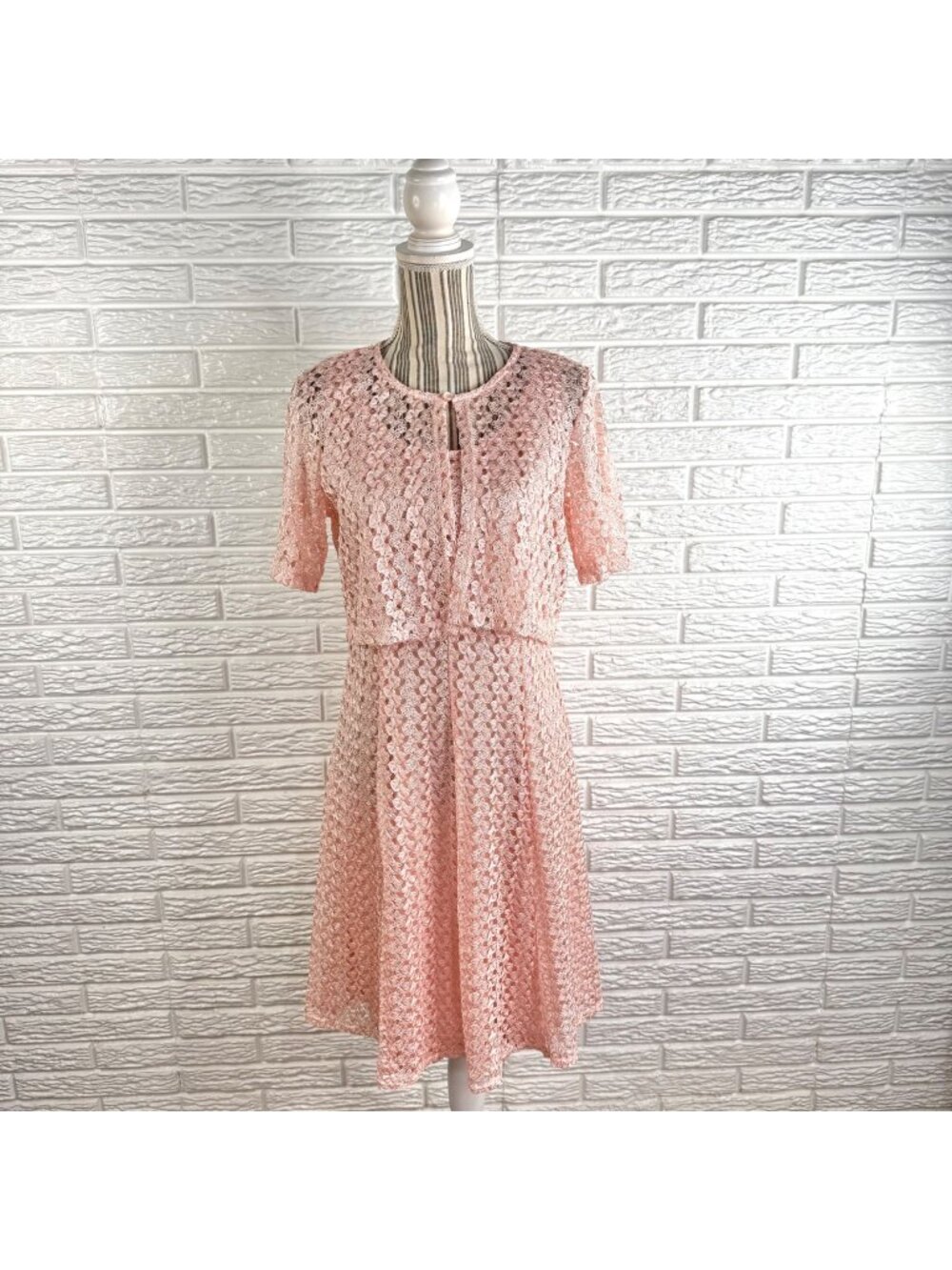 Vintage Salon Studio Pink Lace Dress Matching Short Cardigan Jacket Small Petite